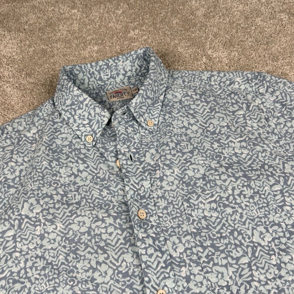 Faherty Hemp Breeze Shirt Green Blue Floral Short Sleeve Hawaiian Mens Small